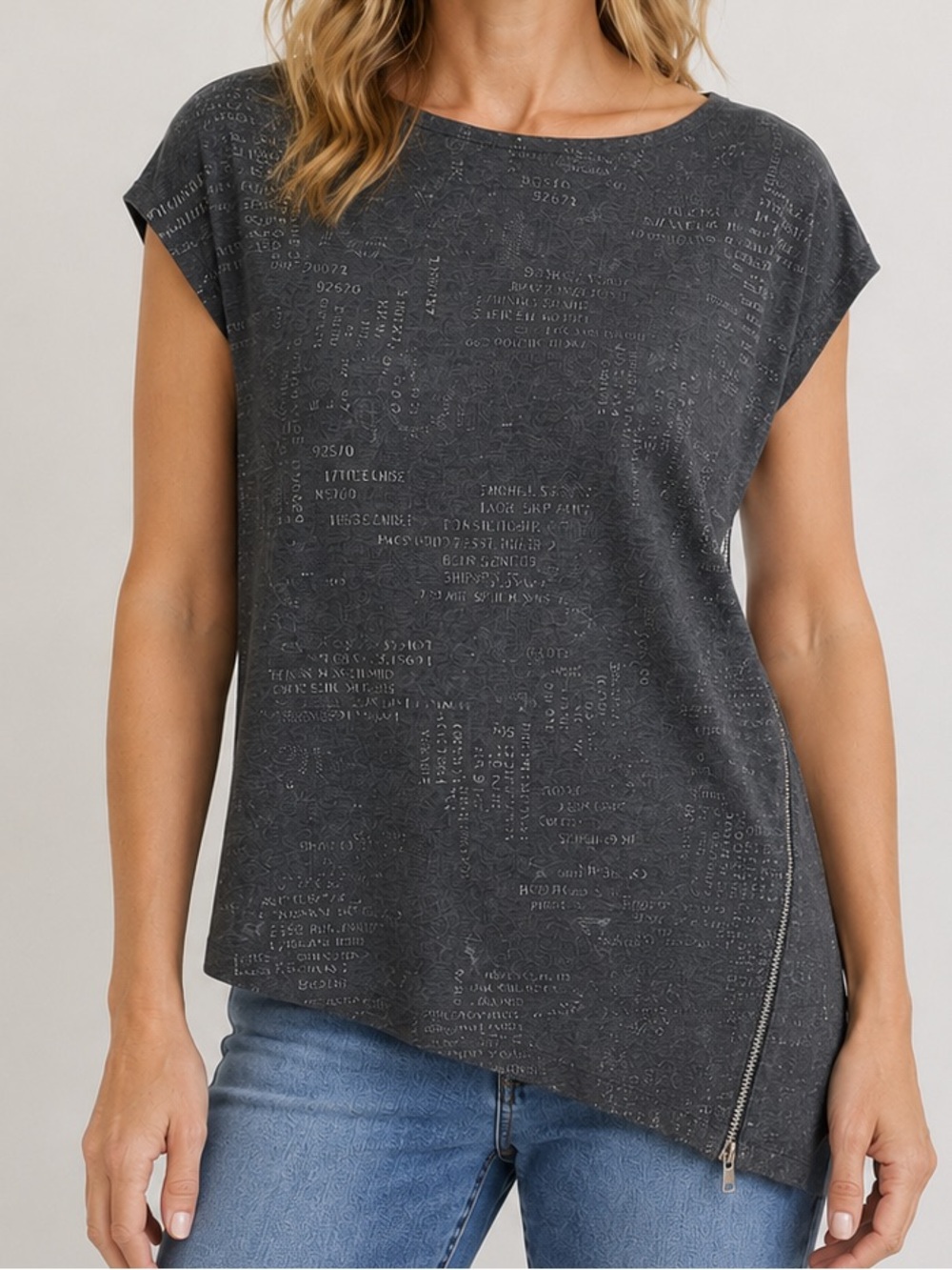 Artex Metallic Gray Asymmetrical Tunic Top Side Zip Text Print Oversized